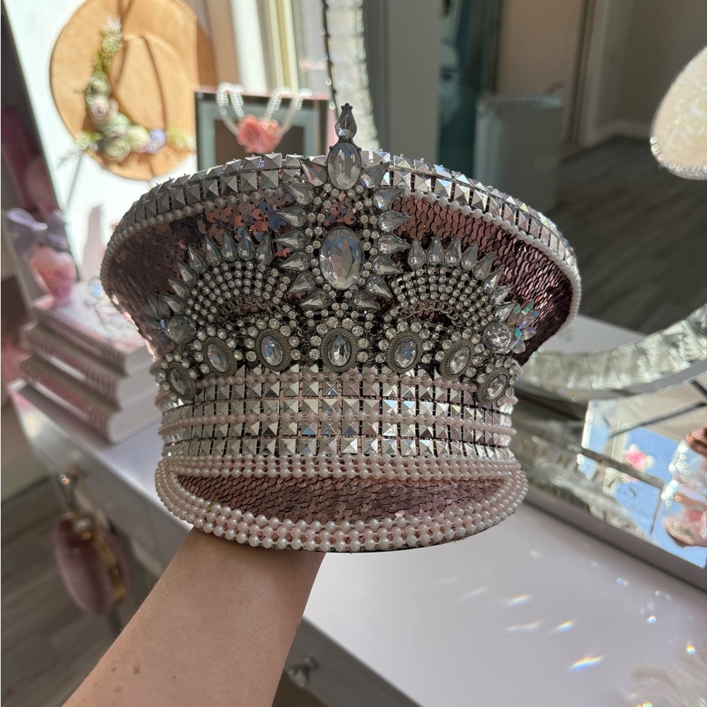 Silver and Pink Captains Hat with Rhinestone Embellishments
